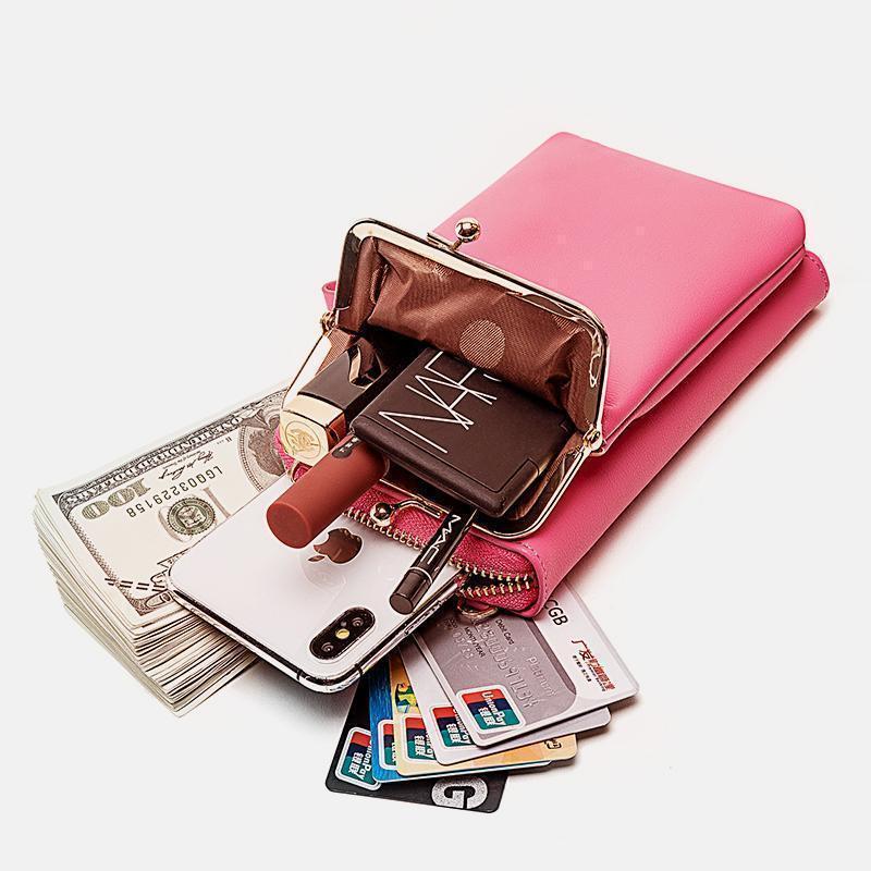Compact PU leather phone purse for women, featuring a secure magnetic snap closure & adjustable strap
