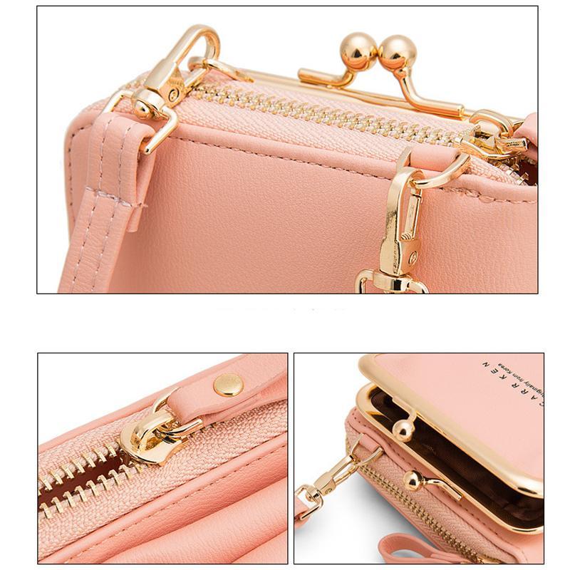 Front view of women's mini phone bag, showcasing its sleek design & adjustable shoulder strap