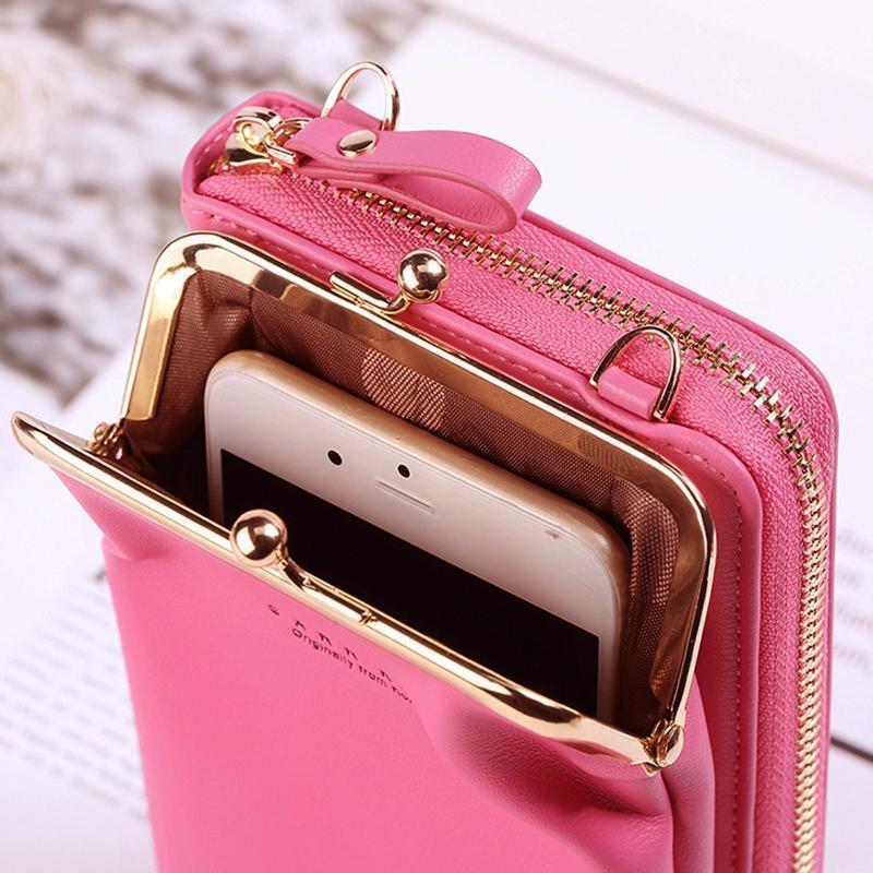 Interior view of the women's phone crossbody bag, showing space for phone, cards & essentials