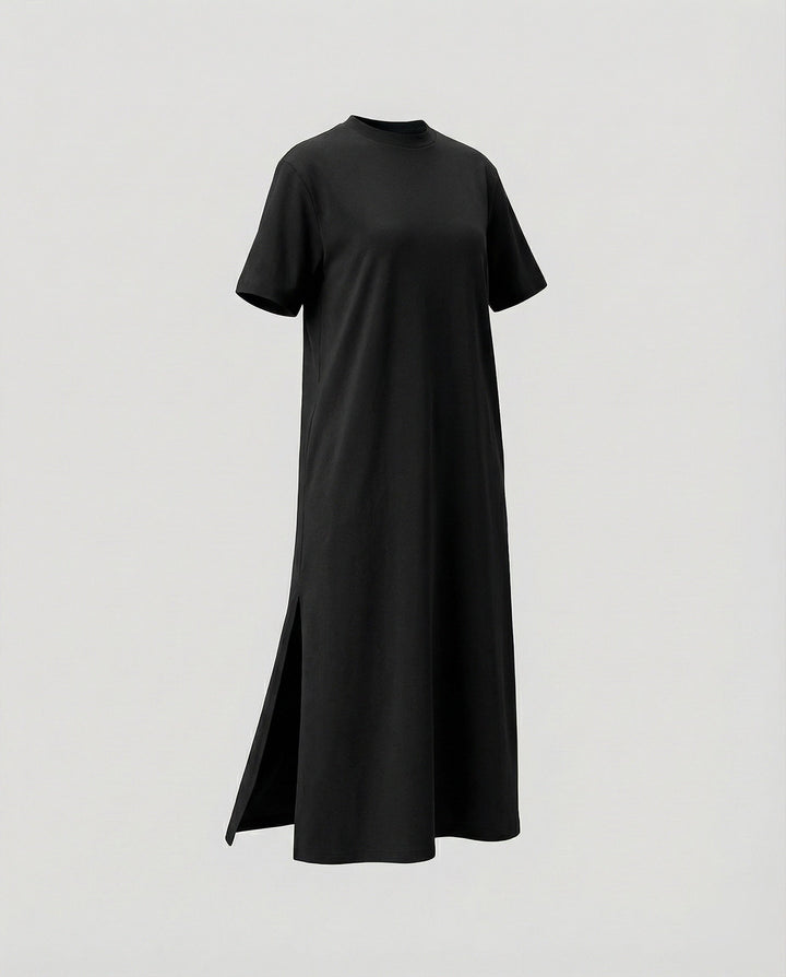Full length women's mock neck oversized maxi dress, short sleeves, elegant side split. Comfortable summer style.