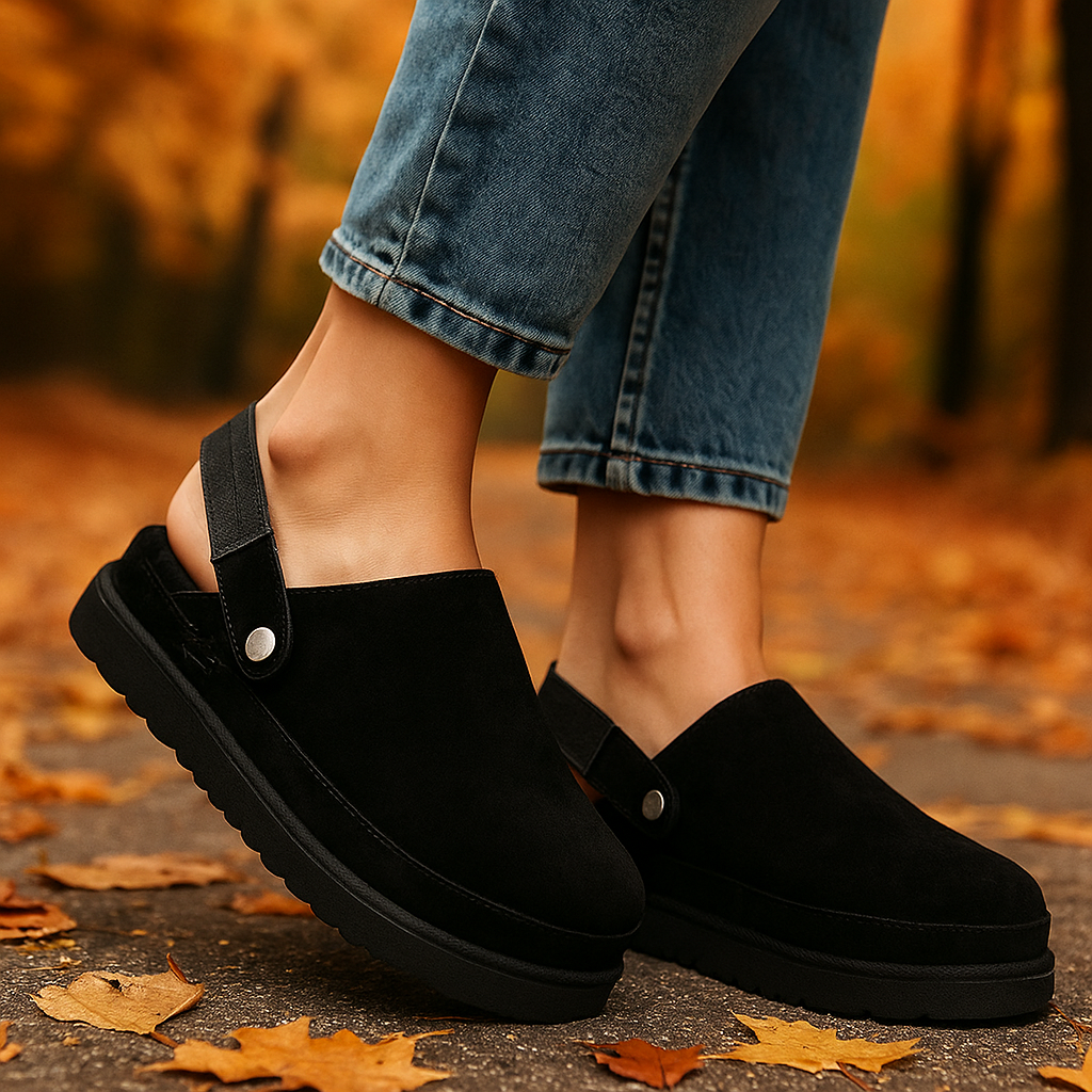 Side view of women's grey orthopedic clogs showcasing arch support and shock absorbing sole