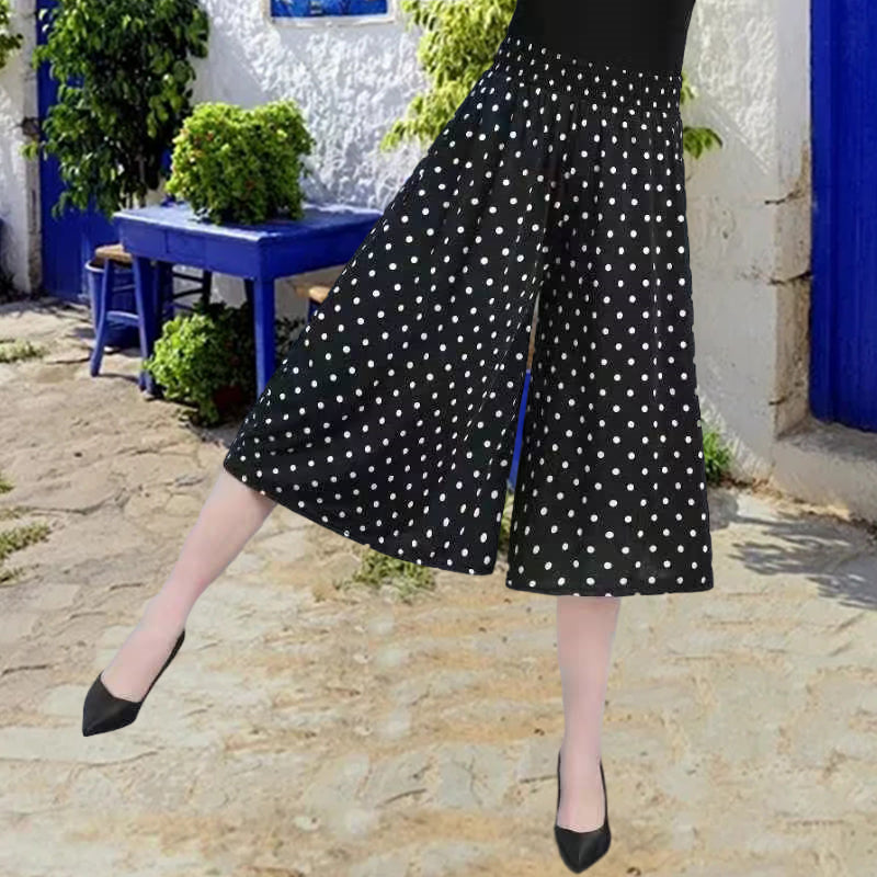 Summer casual women's chiffon culottes, pleated wide leg design with a high elastic waist.