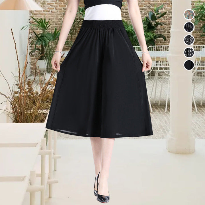 Polyester wide leg culottes for women, black with pleats and a high elastic waist, versatile fashion.