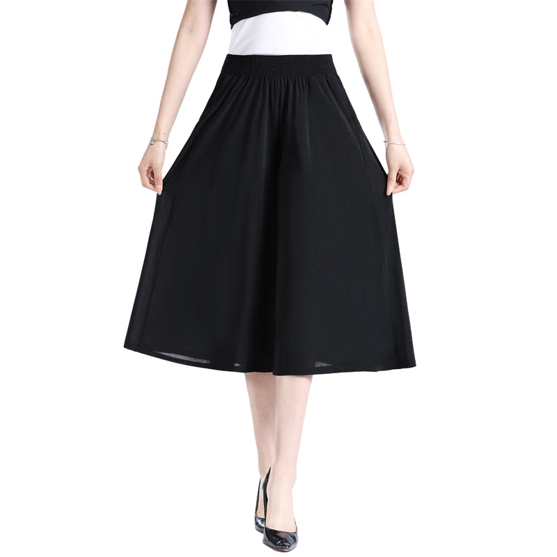 Fashionable women's wide leg pleated pants, high elastic waist in a comfortable polyester blend.