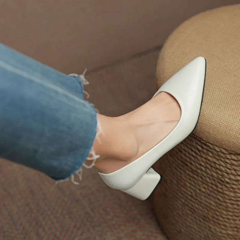 Elegant women's pointed toe block heel pumps. Non-slip dress shoes for professional office attire and formal events.