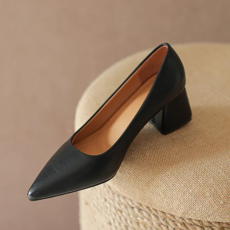 Comfortable women's block heel pumps featuring a chic pointed toe. Non-slip design for secure walking and all-day wear.