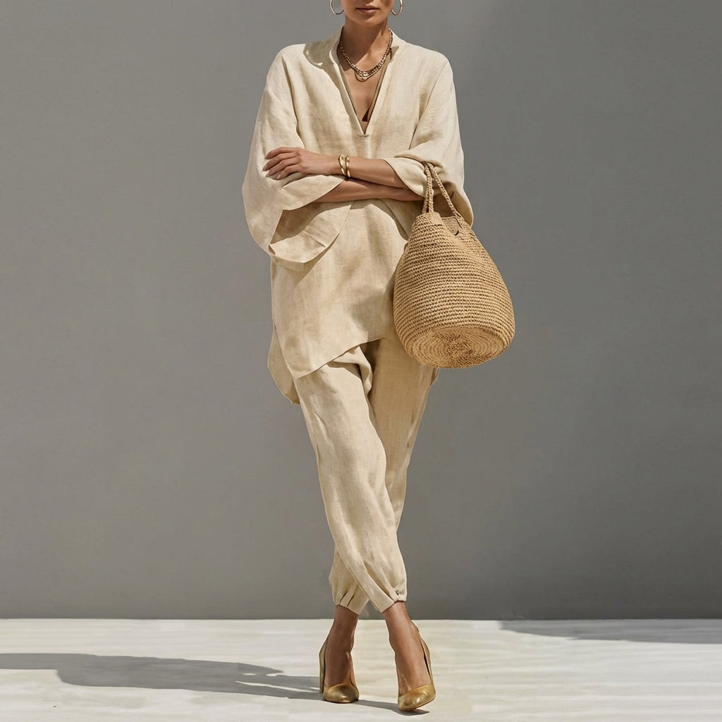Beige women's two-piece set featuring a relaxed tunic and tapered pants, ideal for travel wear & casual elegance.