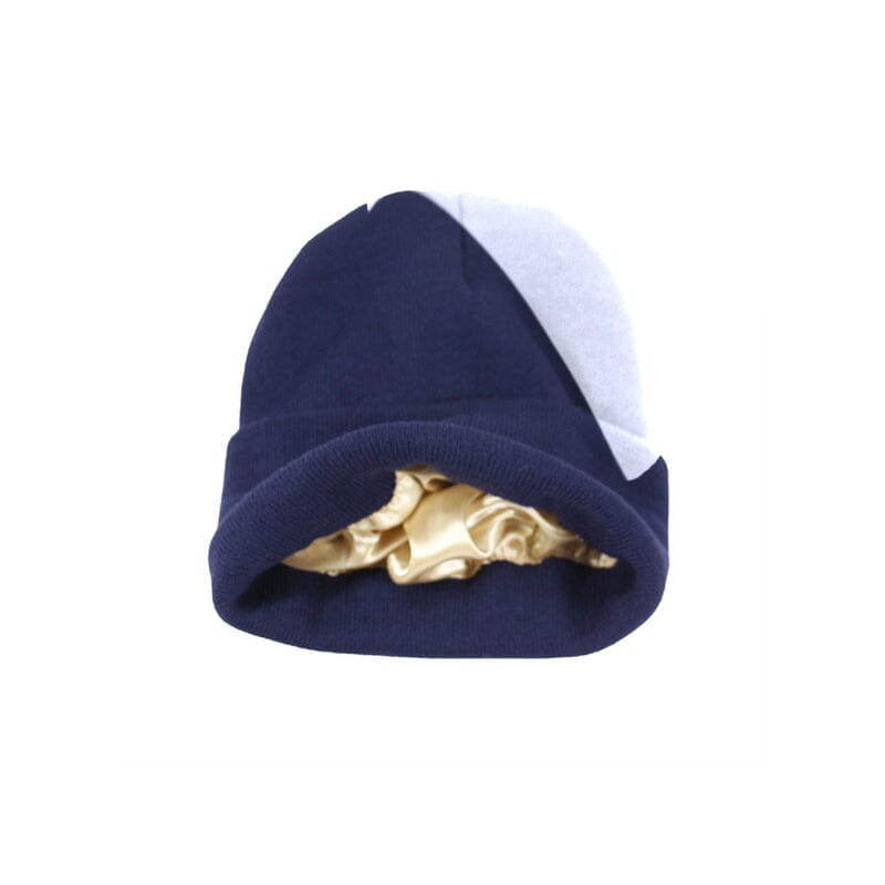 Purple satin-lined knitted beanie for women, offering anti-frizz benefits and warmth