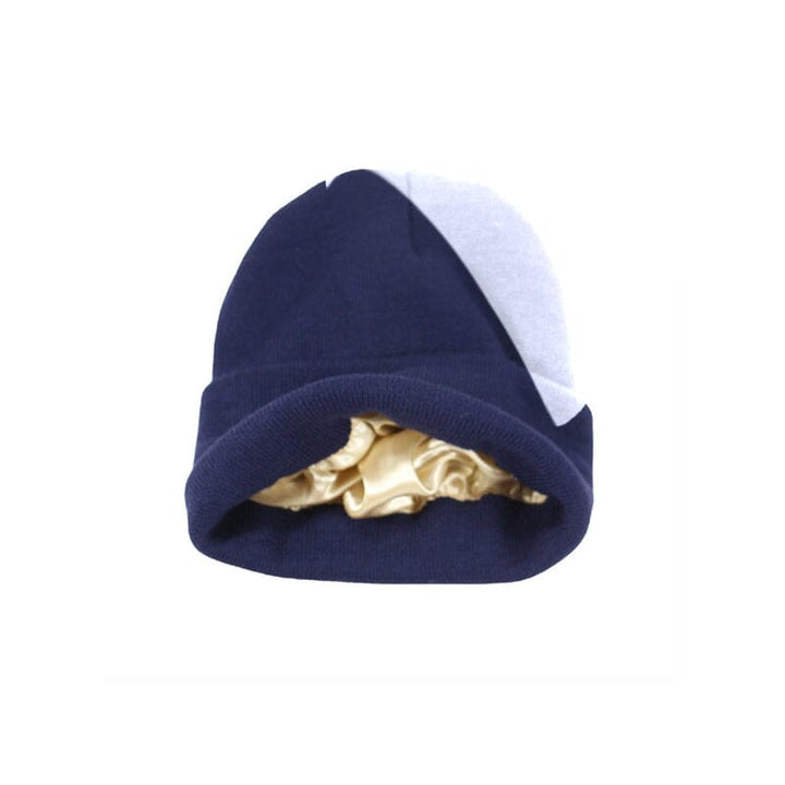 Purple satin-lined knitted beanie for women, offering anti-frizz benefits and warmth