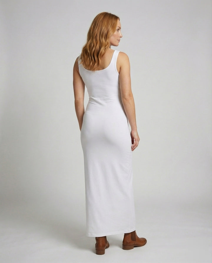 Comfortable women's scoop neck sleeveless bodycon maxi dress, ideal for everyday wear, chic & flattering.