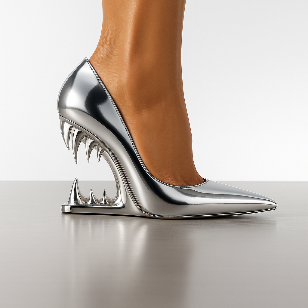 Fashionable women's pumps with a distinctive silver fang-shaped heel, ideal for a statement look.