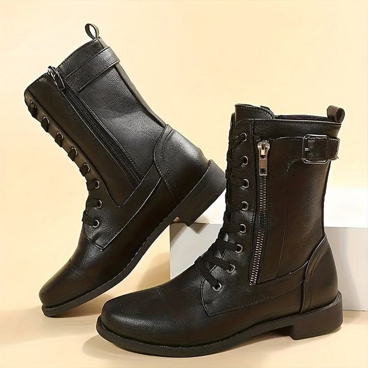 Women's fashion boots: black combat style with practical side-zip closure