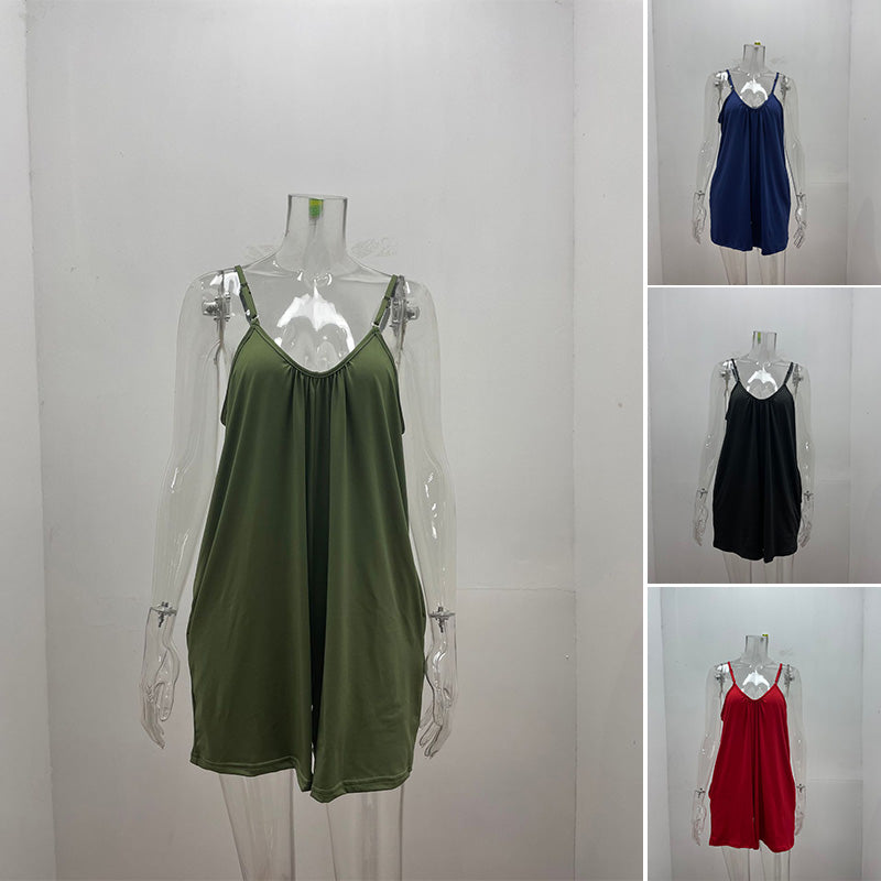 Close-up of a polyester sleeveless romper for women, showing fabric detail and pocket design.