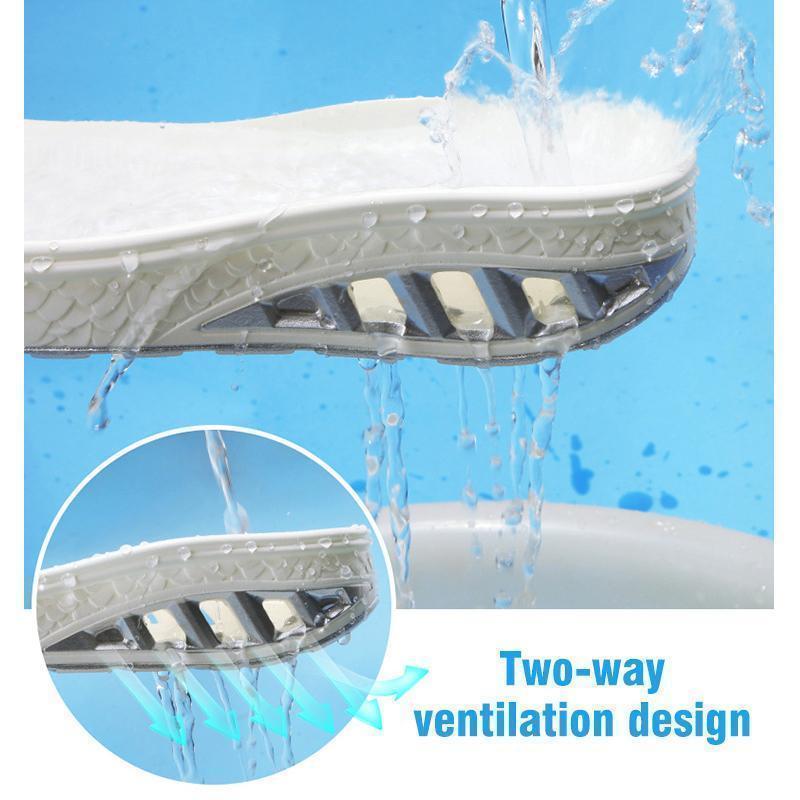 Close-up of the breathable mesh upper on women's navy slip-on platform wedge sneakers