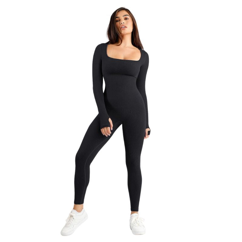 Women's black sporty square neck jumpsuit for activewear, yoga, and fitness. Figure-hugging and comfortable athleisure style.