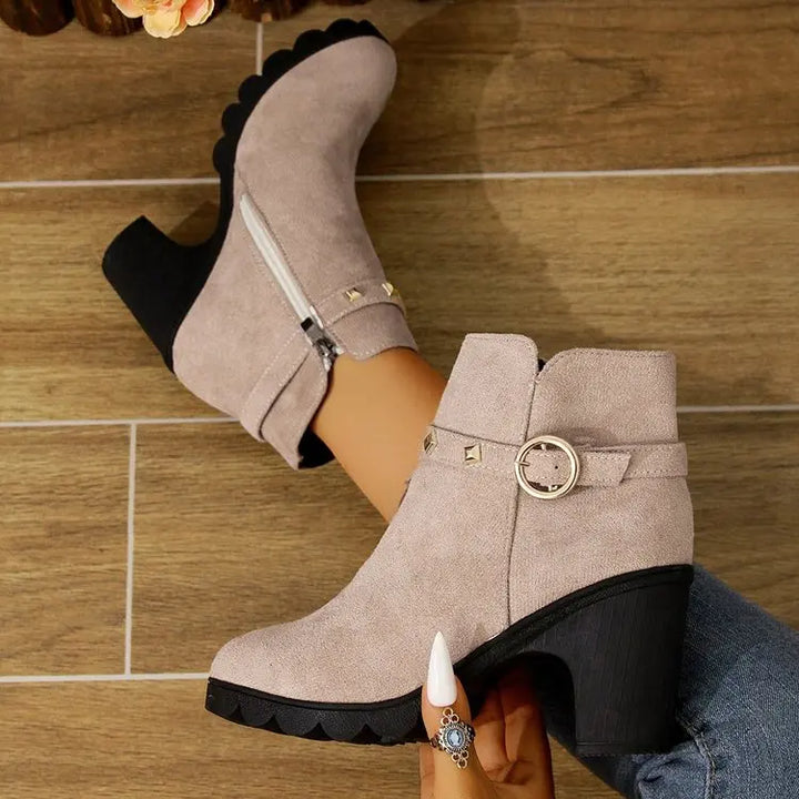 Walkable women's studded block heel boots, perfect for autumn and winter outings