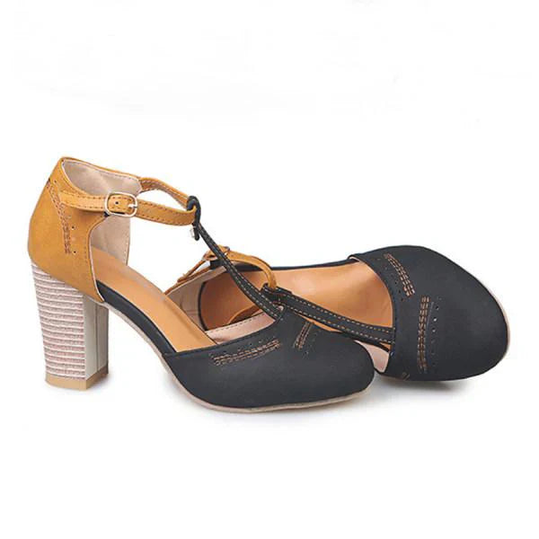 Elegant women's T-strap block heels with ankle strap, ideal as versatile dress or chic casual shoes.