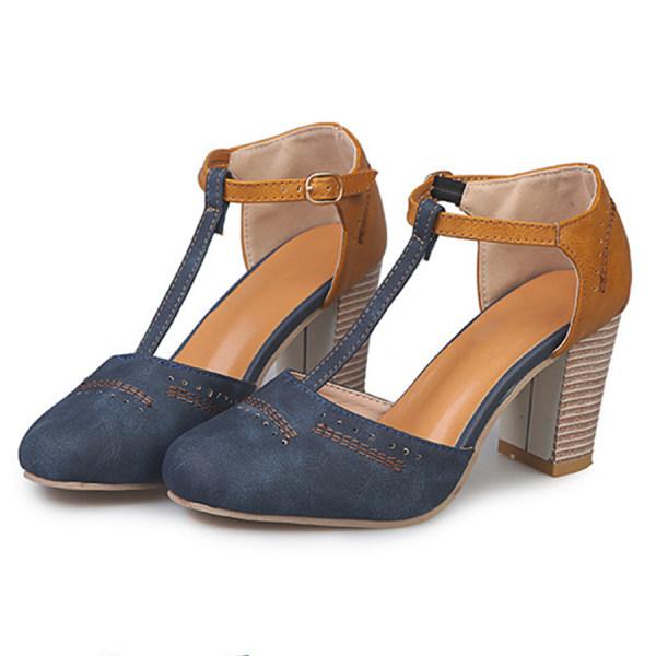 Stylish women's T-strap block heel dress shoes featuring an elegant ankle strap and sturdy block heel.
