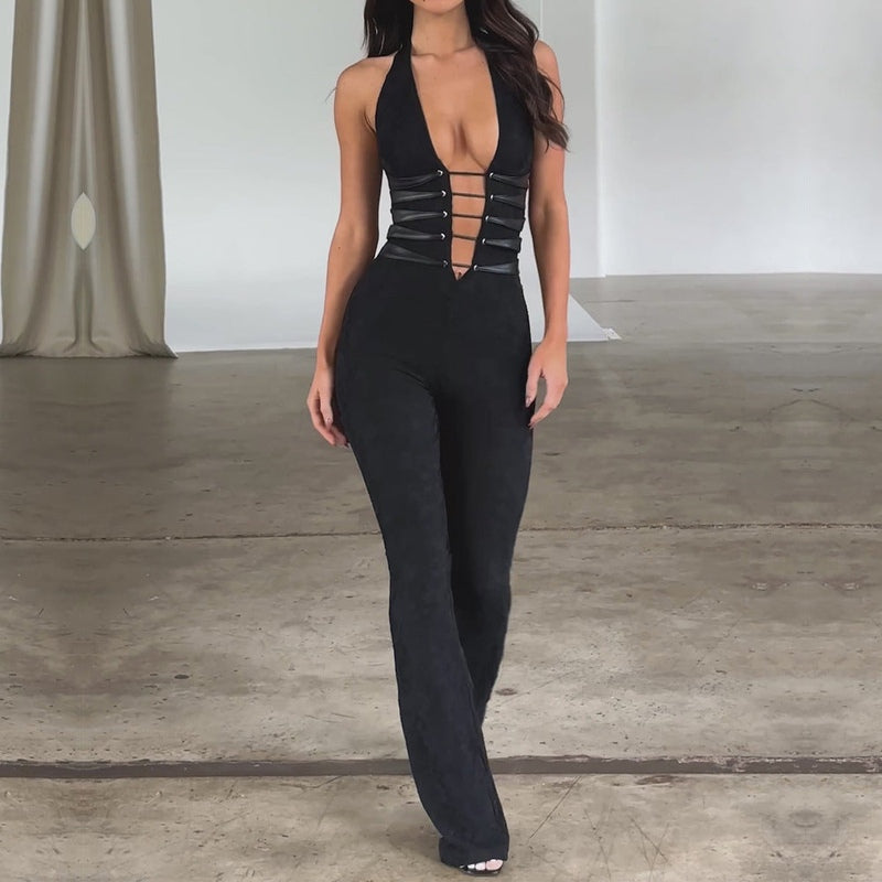 Elegant black transparent lace-up jumpsuit for women, a modern statement outfit ideal for special occasions & parties.