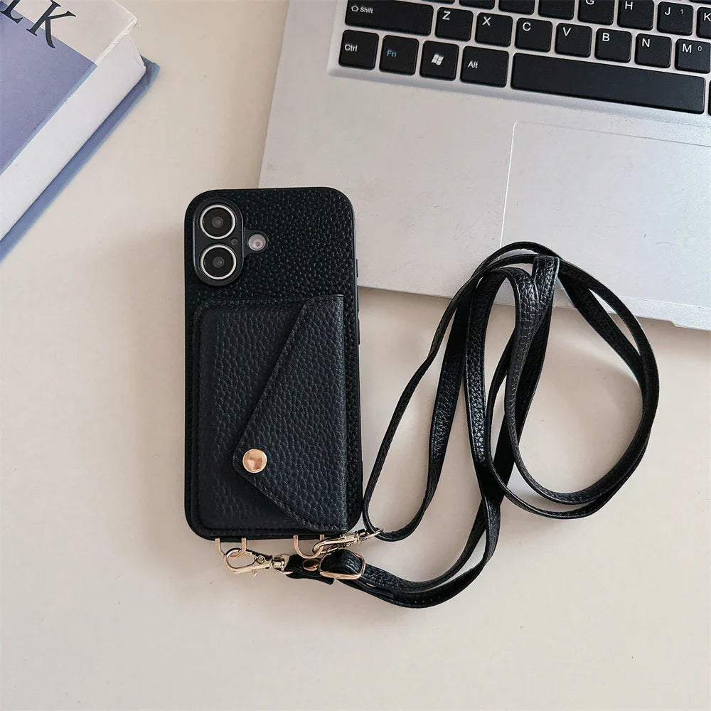Women's black vegan leather lanyard wallet phone case with card slots, hands-free design
