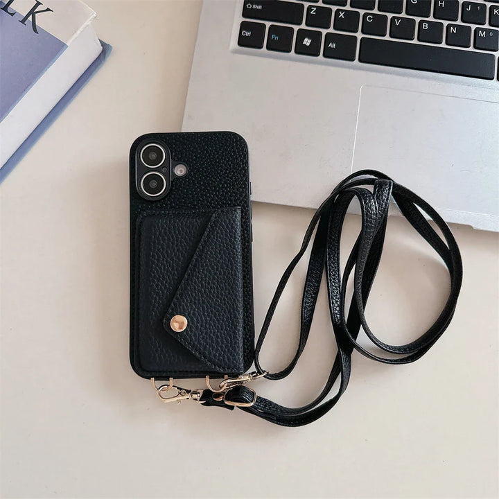 Women's black vegan leather lanyard wallet phone case with card slots, hands-free design