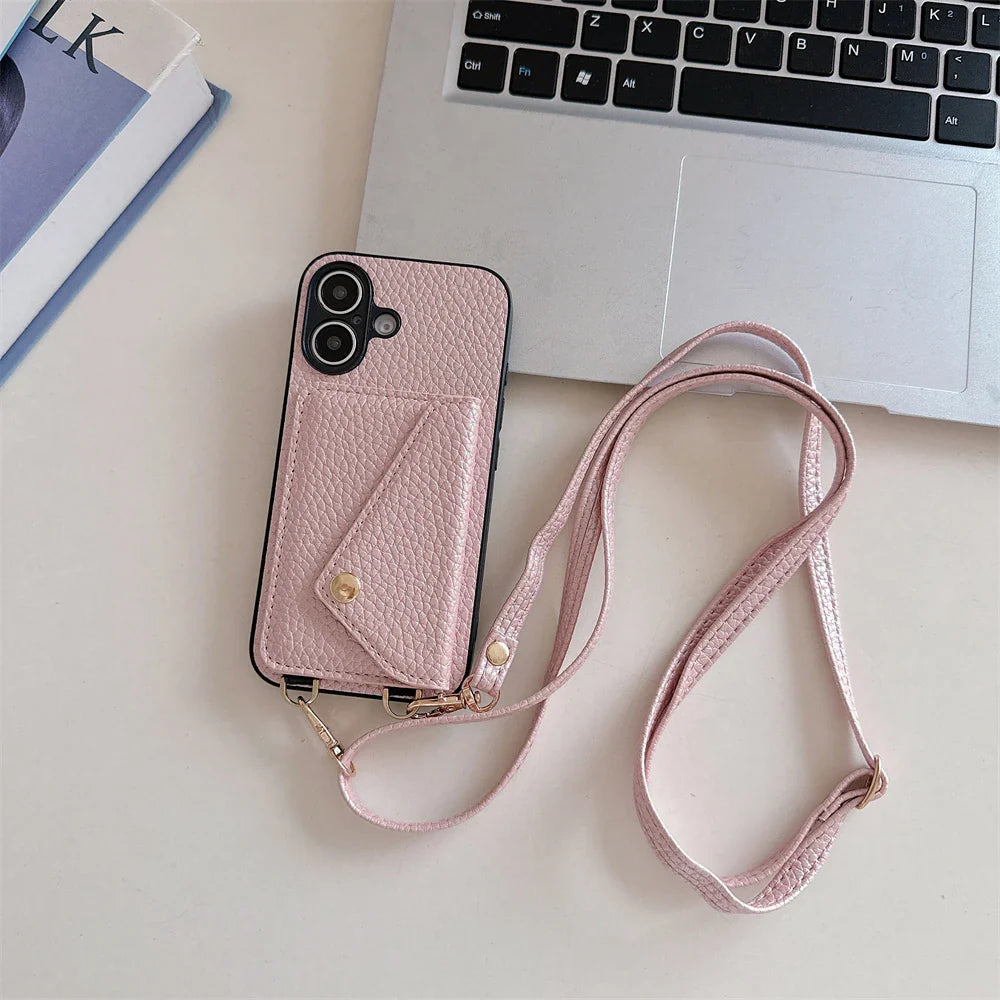 Close-up of pink vegan leather phone case with convenient lanyard and card holder features