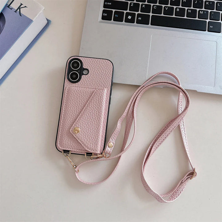 Close-up of pink vegan leather phone case with convenient lanyard and card holder features