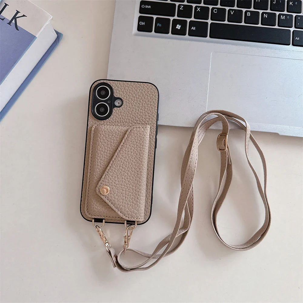 Front view of a women's purple vegan leather lanyard wallet phone case, fashion accessory