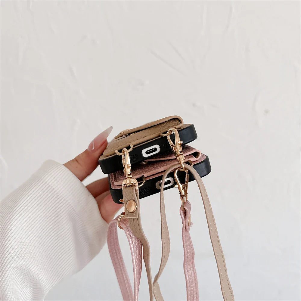 Back view of a women's brown vegan leather lanyard wallet phone case, protective and chic