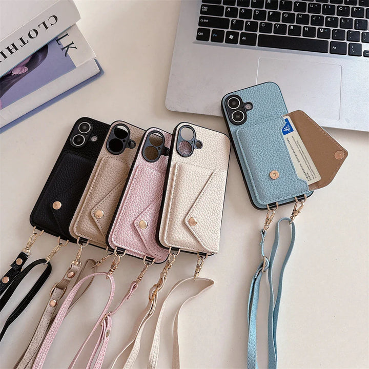 Assortment of colorful vegan leather lanyard wallet phone cases for women, fashion and function