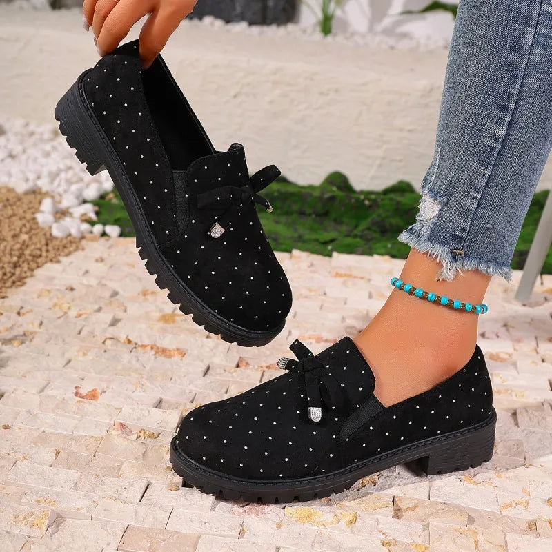 Comfort and style: women's black velvet platform loafers with studded bow and arch support