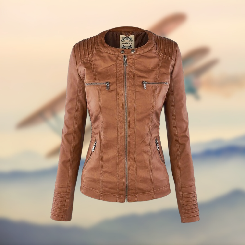 Women's black zip-up biker style jacket, edgy PU leather outerwear for chic casual wear