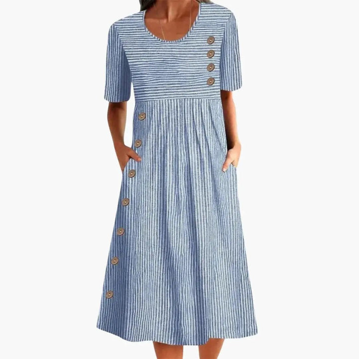 Women's blue & gray striped midi dress with 3/4 sleeves, button front, round neck. Loose fit, perfect for everyday style.