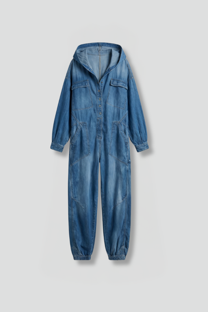 Women's blue hooded jumpsuit with pockets, long sleeve, relaxed fit, comfortable for casual lounge wear.