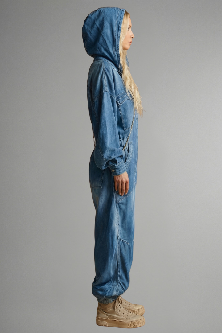 Comfortable women's long sleeve hooded jumpsuit with practical pockets, relaxed fit for lounge and casual wear.