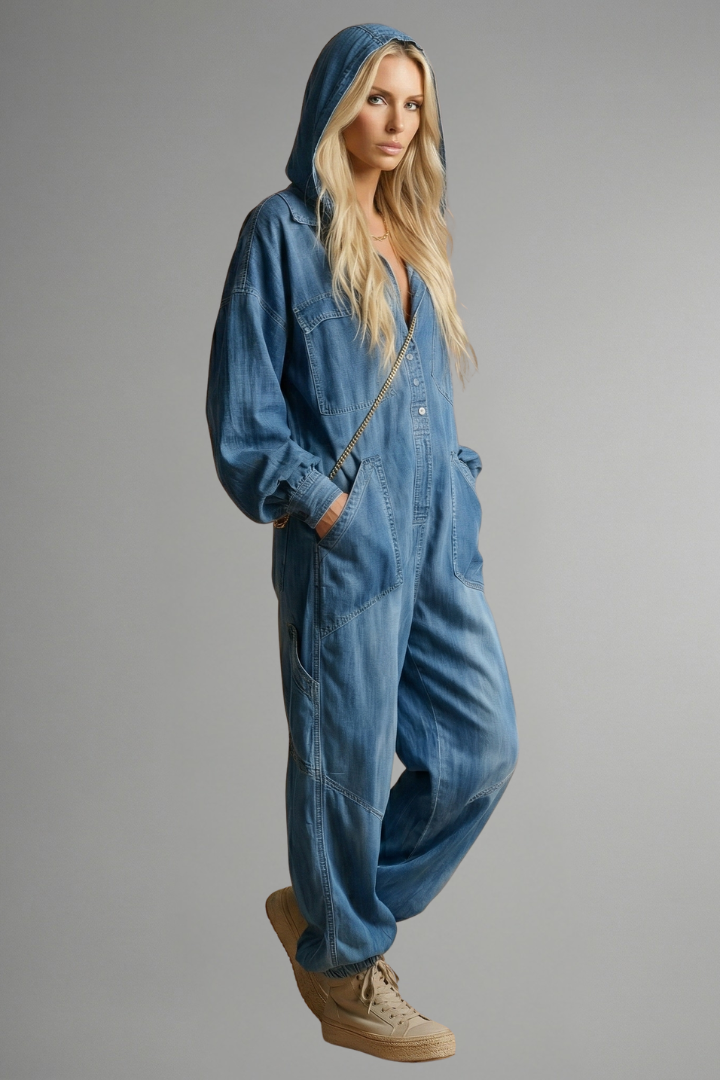 Black women's hooded jumpsuit, comfortable long sleeve one-piece with pockets, perfect for casual lounge wear.