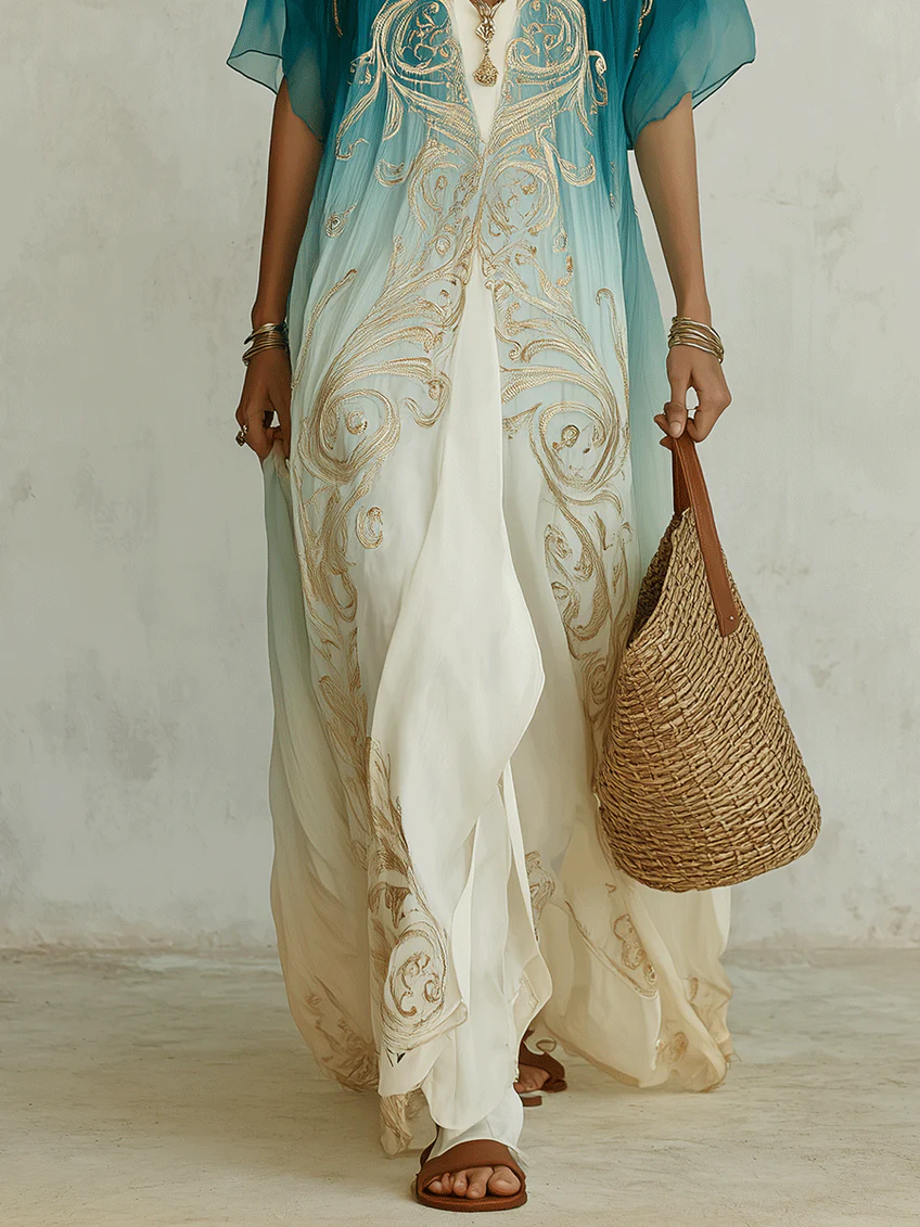 Women's blue ombre maxi dress, V-neck kaftan style. Bohemian, comfortable resort wear and casual summer fashion.