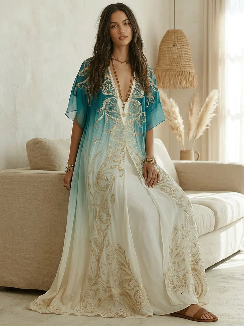 Comfortable blue ombre kaftan maxi dress for women, V-neck and boho style. Perfect for summer casual or resort.