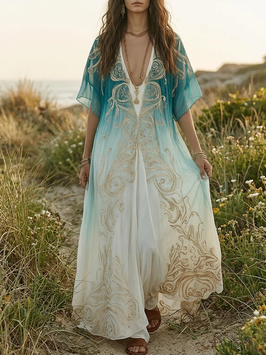 Elegant women's blue ombre kaftan maxi dress with V-neck & kimono sleeves. Perfect for resort wear, beach, summer.