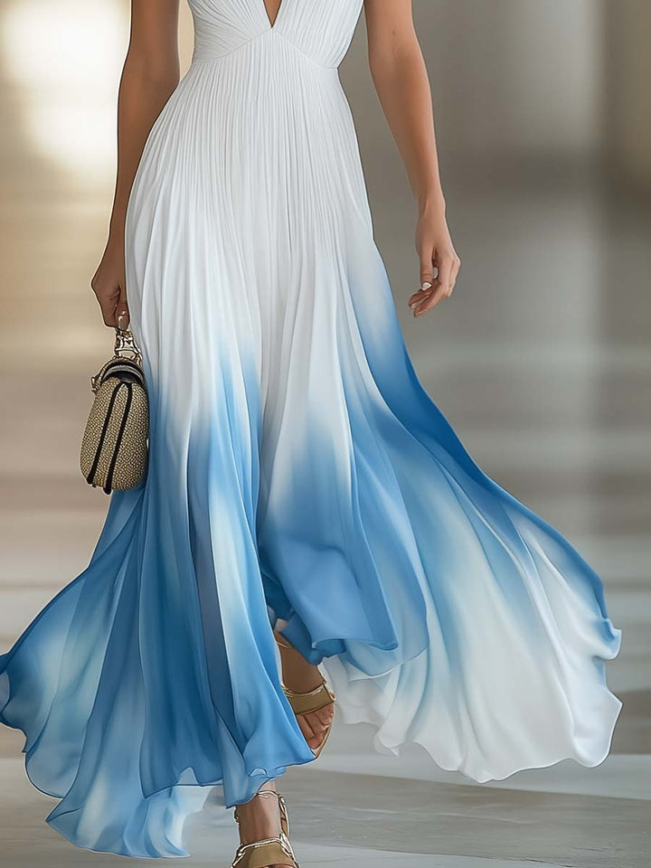 Sophisticated women's ombre maxi dress, deep V-neck, and pleated design, ideal as an evening gown or special occasion dress.