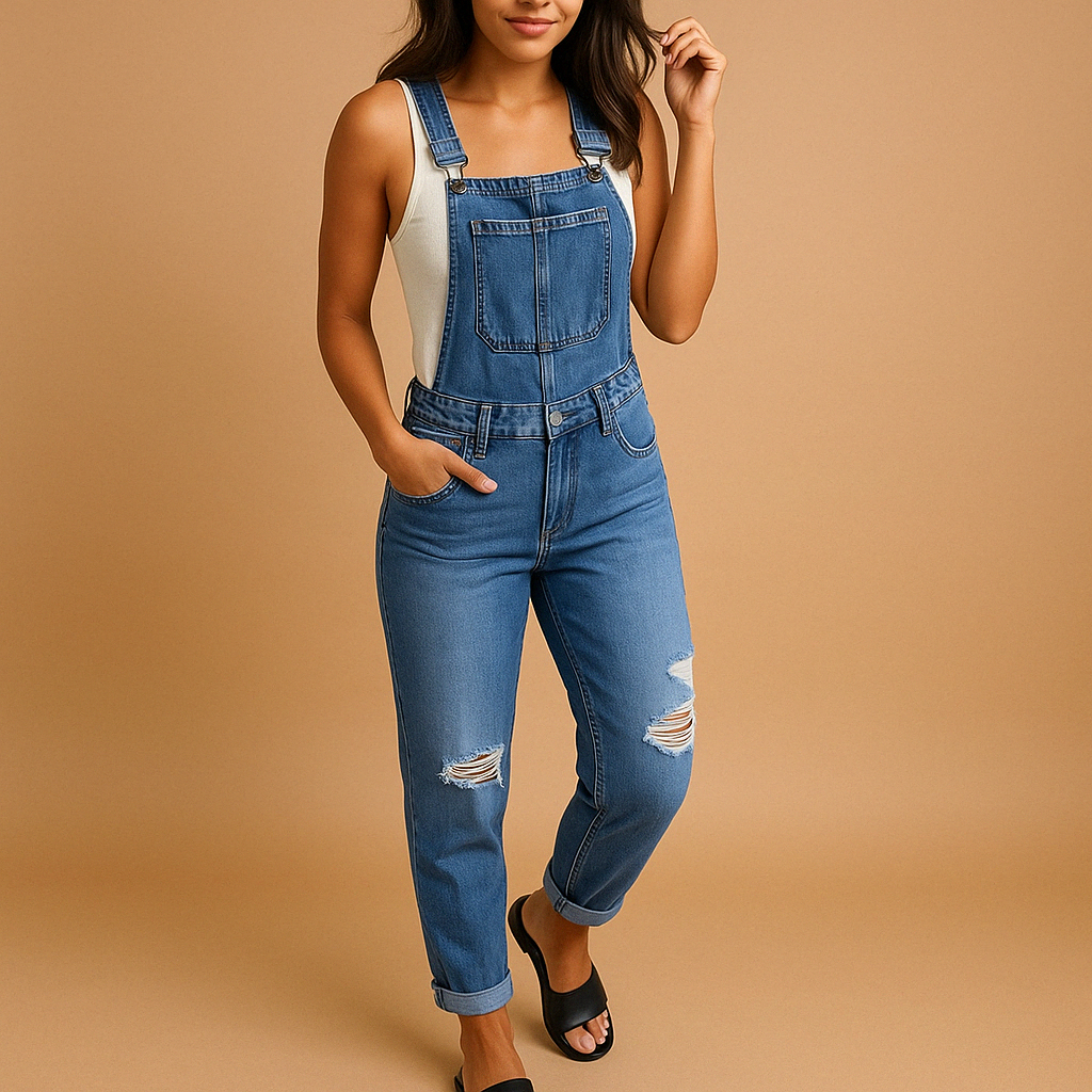 Versatile women's gray ripped denim jumpsuit. Casual street style overalls with distressed details, ideal for fashion.