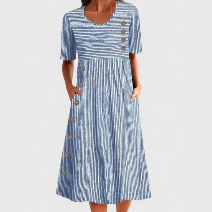 Women's blue & white striped midi dress with front buttons, sleeveless design, and round neck for summer casual chic.