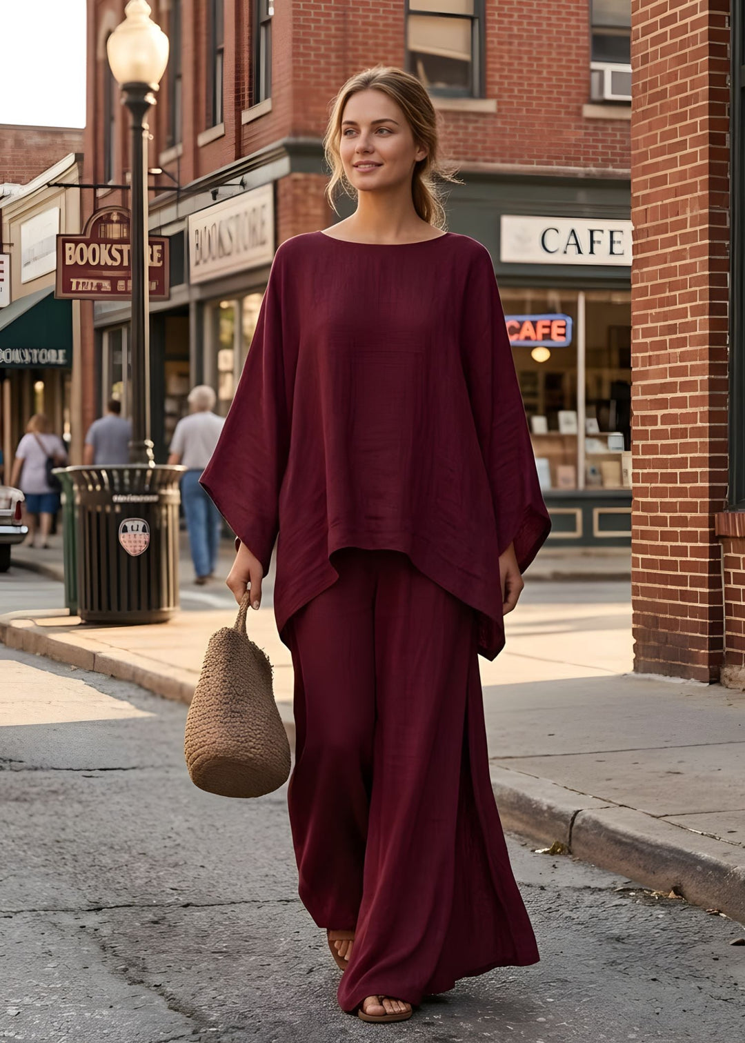 Bohemian chic women's two-piece set with a unique cape top and elegant wide-leg pants. Stylish summer outfit.