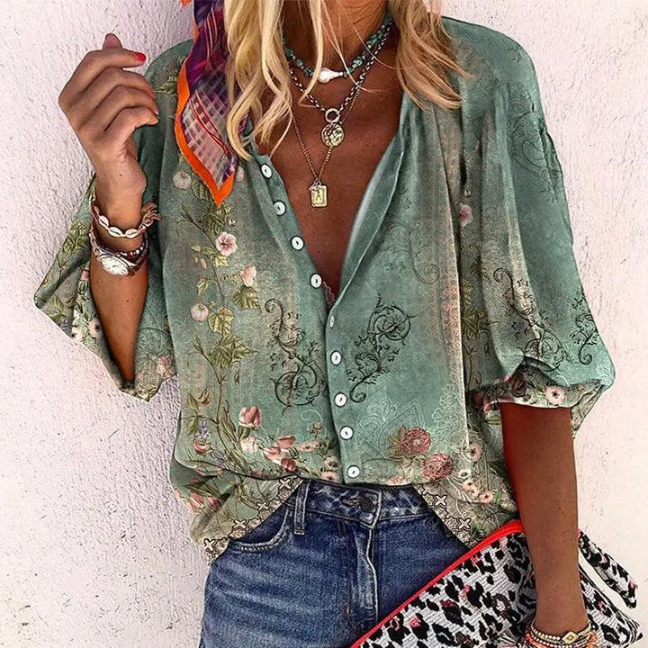 Women's bohemian floral V-neck blouse with short sleeves & button front, perfect for casual spring/summer wear.