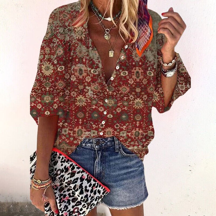 Bohemian women's floral print blouse, V-neck, short sleeves, and button-front closure, great for ladies' apparel.
