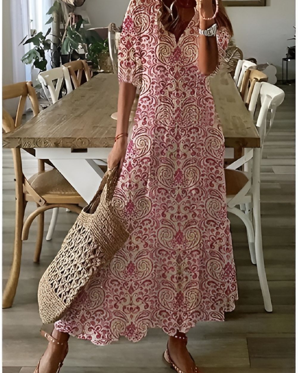 Flowing women's midi dress with adjustable straps, a stylish boho summer and vacation dress.