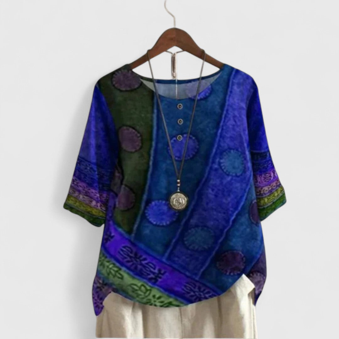 Everyday women's short-sleeve bohemian top, featuring unique patchwork design for a stylish & comfortable look.