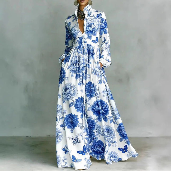 Elegant comfort in a women's printed long sleeve maxi dress, featuring a bohemian design and flowy silhouette.