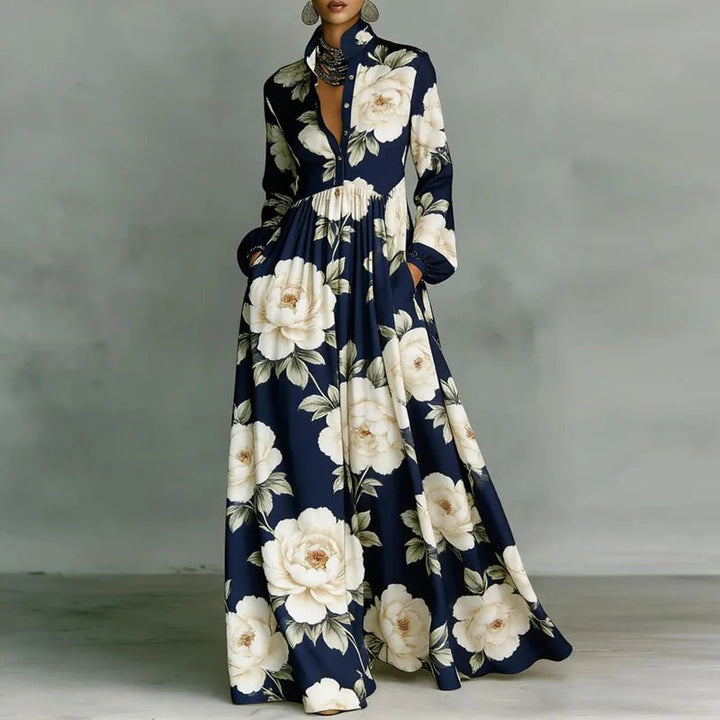 Vibrant printed bohemian maxi dress for women, offering a high-waisted, long-sleeved, casual yet elegant look.