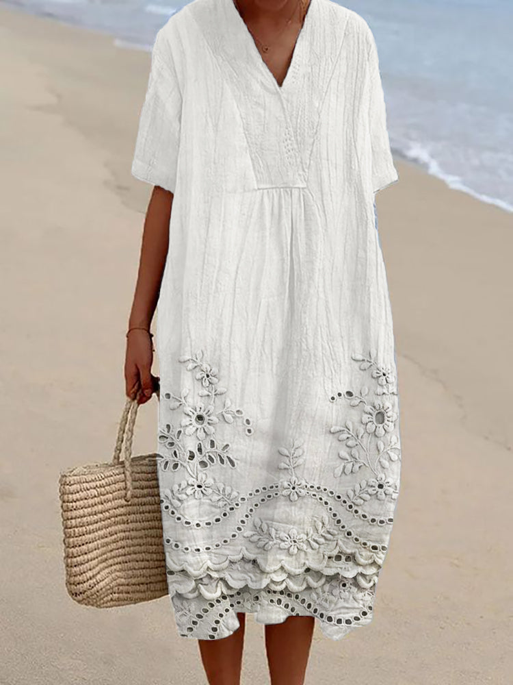 Women's bohemian summer midi dress, featuring a flowing, relaxed fit for effortless chic beach & vacation wear.
